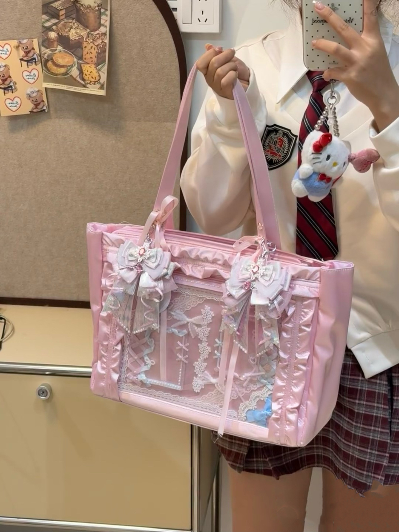 High-value, stylish, versatile, cute anime-style shoulder bag with ribbon bow and transparent badge.