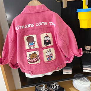 New Girls Color Cartoon Patch Tooling Washed Denim Jacket 2023 Spring Korean Denim Jacket Spring Top