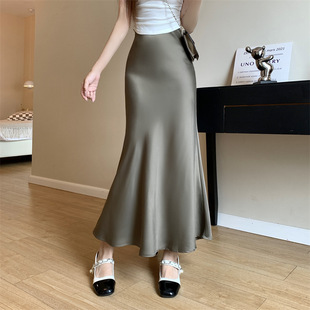 Spring and Autumn slim-fit solid color hip skirt satin fishtail skirt mid-length women's design sense niche high waist skirt winter