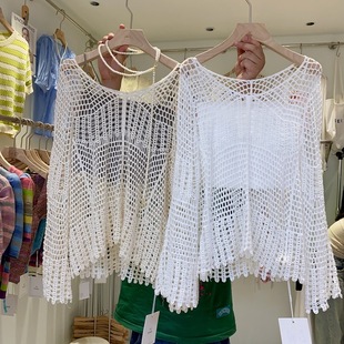 New lazy style hollow crocheted sweater women's design sense niche round neck versatile loose simple long sleeve top