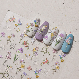 Nail art stickers new small wild flower relief style hummingbird iris nail stickers cute color small flower butterfly bird