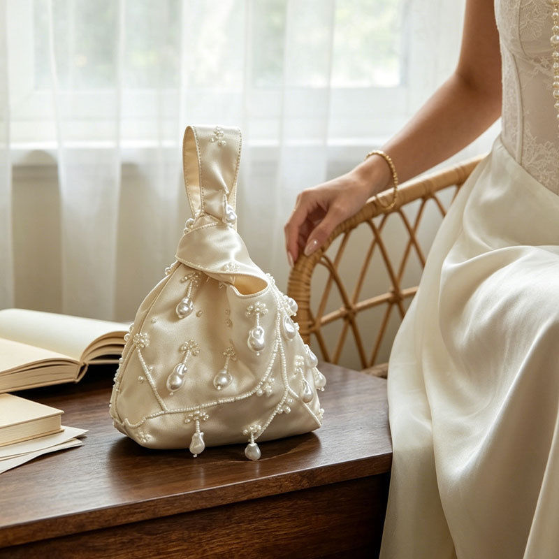 French retro-chic and gentle satin pearl handbag, elegant and versatile, with delicate beaded design.