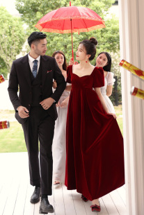 Toast Dress Bubble Sleeve Large Size Wine Red Mid-length Pregnant Women's High Waist Belly Covering Wedding Engagement Evening Dress