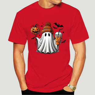Men's Summer T-Shirt Cute Ghost Coffee Pumpkin Halloween Pattern Print Casual Sports O-Neck Short-Sleeved T-Shirt