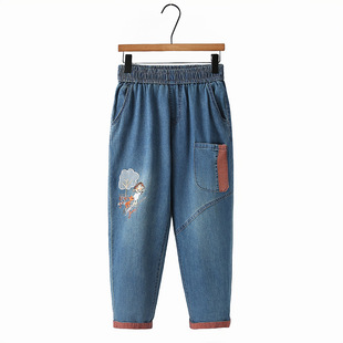 K75 plus size Women's Spring and Summer New Korean Style chubby girl High Waist All-match Ethnic Denim Harlan Pants High Waist Pants 215