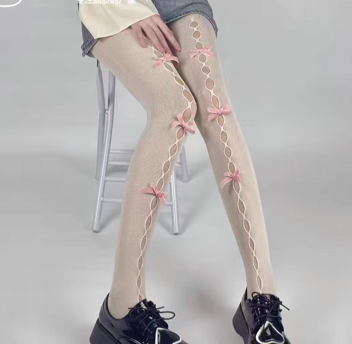 Irregular Slimming Lace-Up Jacquard Stockings with Black Striped Lines, Sexy Base Pantyhose for a Hot Girl Look