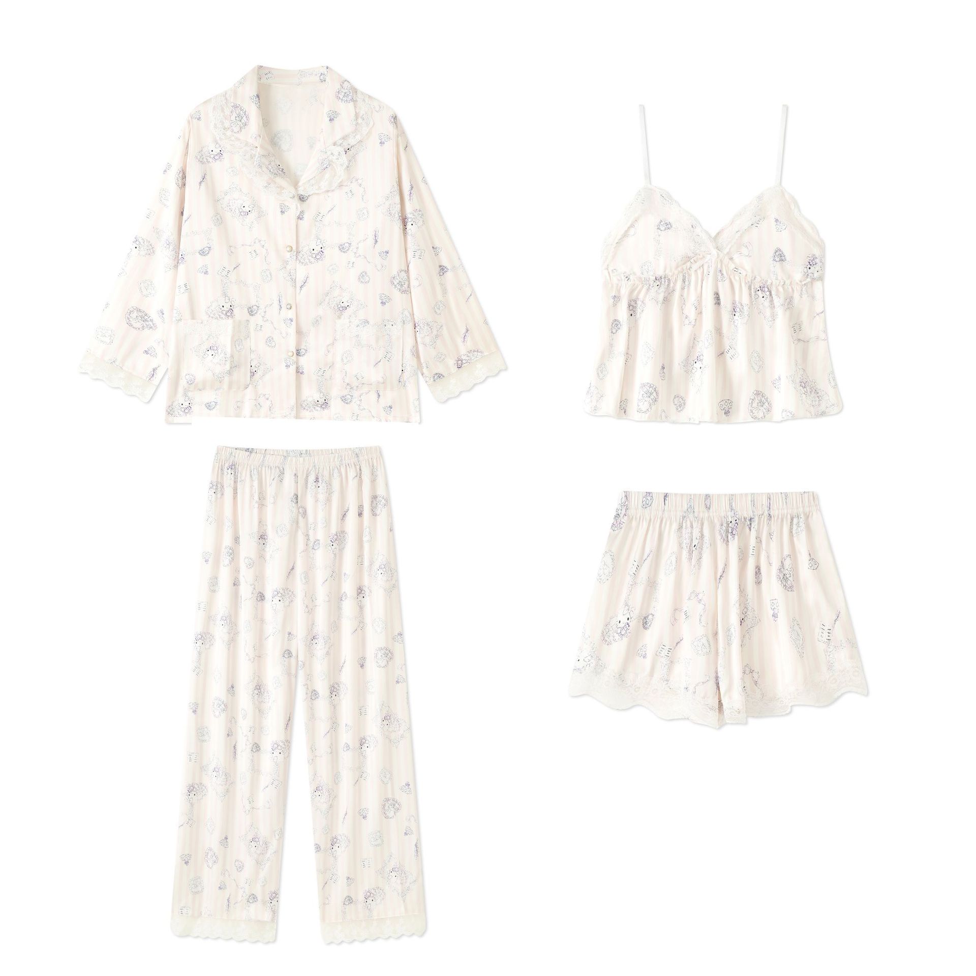 [Four-Piece Set] Pure and Delicate Lace Trim Cartoon Cat Ice Silk Pajamas for Women, New Spring and Autumn Home Wear Set