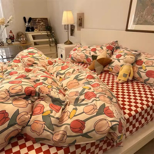 Ins Cute Crayon Small New Bed Four-piece Bed Sheet 100 Cotton Quilt Cover Sanding Single Dormitory Three-piece Set