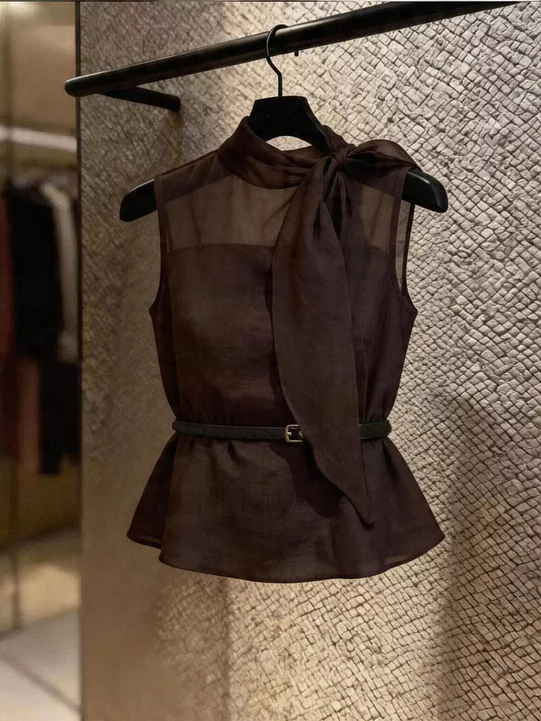Korean-Style High-End Light Luxury Style Ribbon Sleeveless Coffee-Colored Top for Women, New Spring 2026 Model, Elegant and Age-Reducing, Slimming Effect