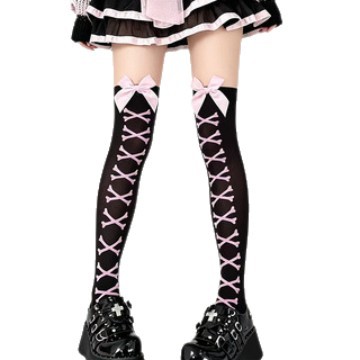 White Pink Skull Bow Over-The-Knee Long Stockings for Girls, Soft Girl Style, Cross-Tie Printed High-Tube Leggings