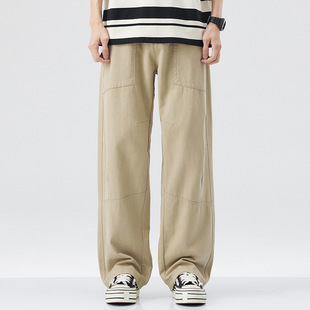 Muqiu Men's Wear ∠ Lyocell Tencel Casual Pants Men's American-style Loose Stitching Sports Straight Tooling Wide-leg Pants