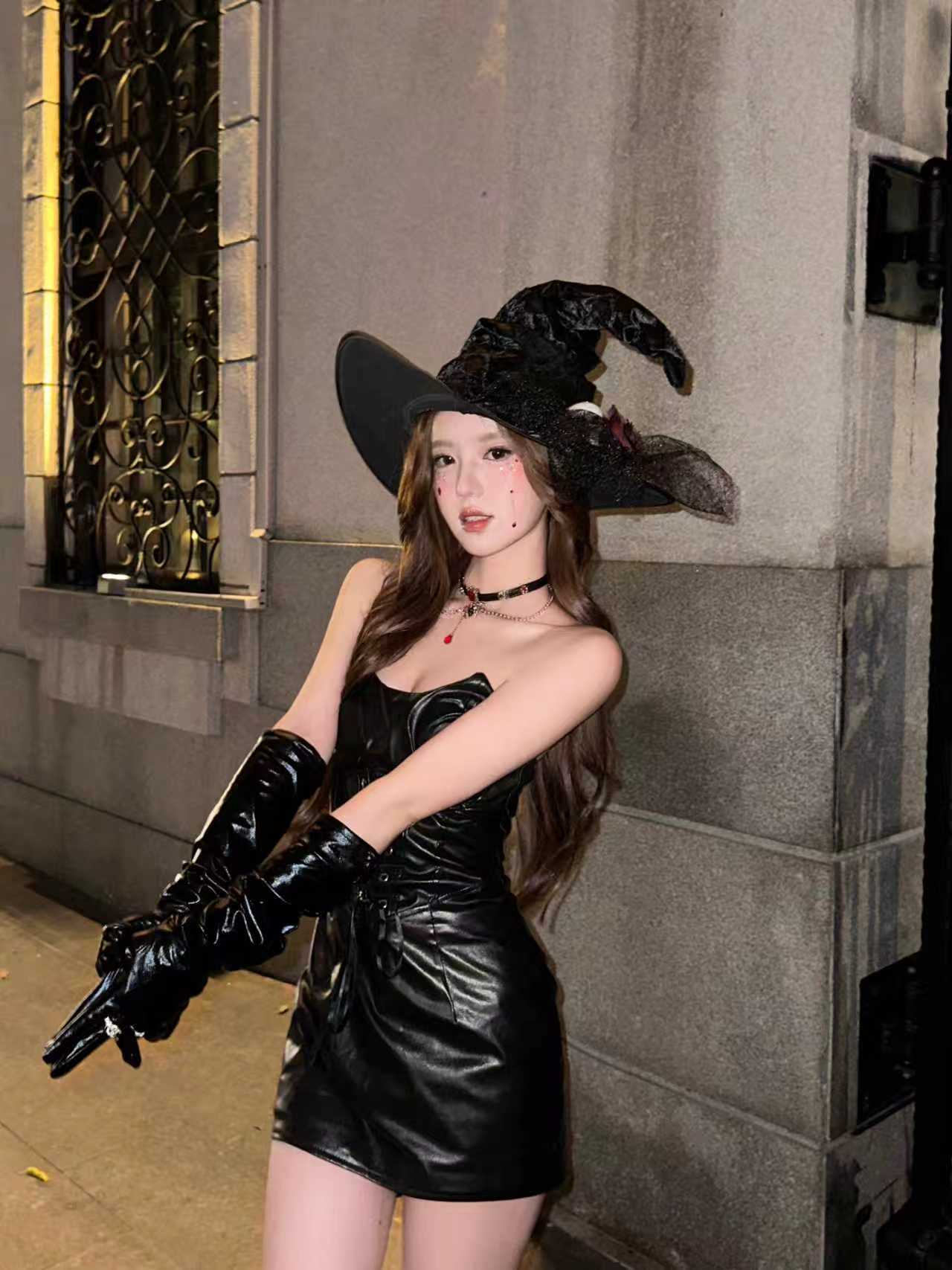 Dom Mila New Sexy Succubus Patent Leather Devil suit Sexy Lingerie Enchanting Shirt Dark Strapless Leather Dress