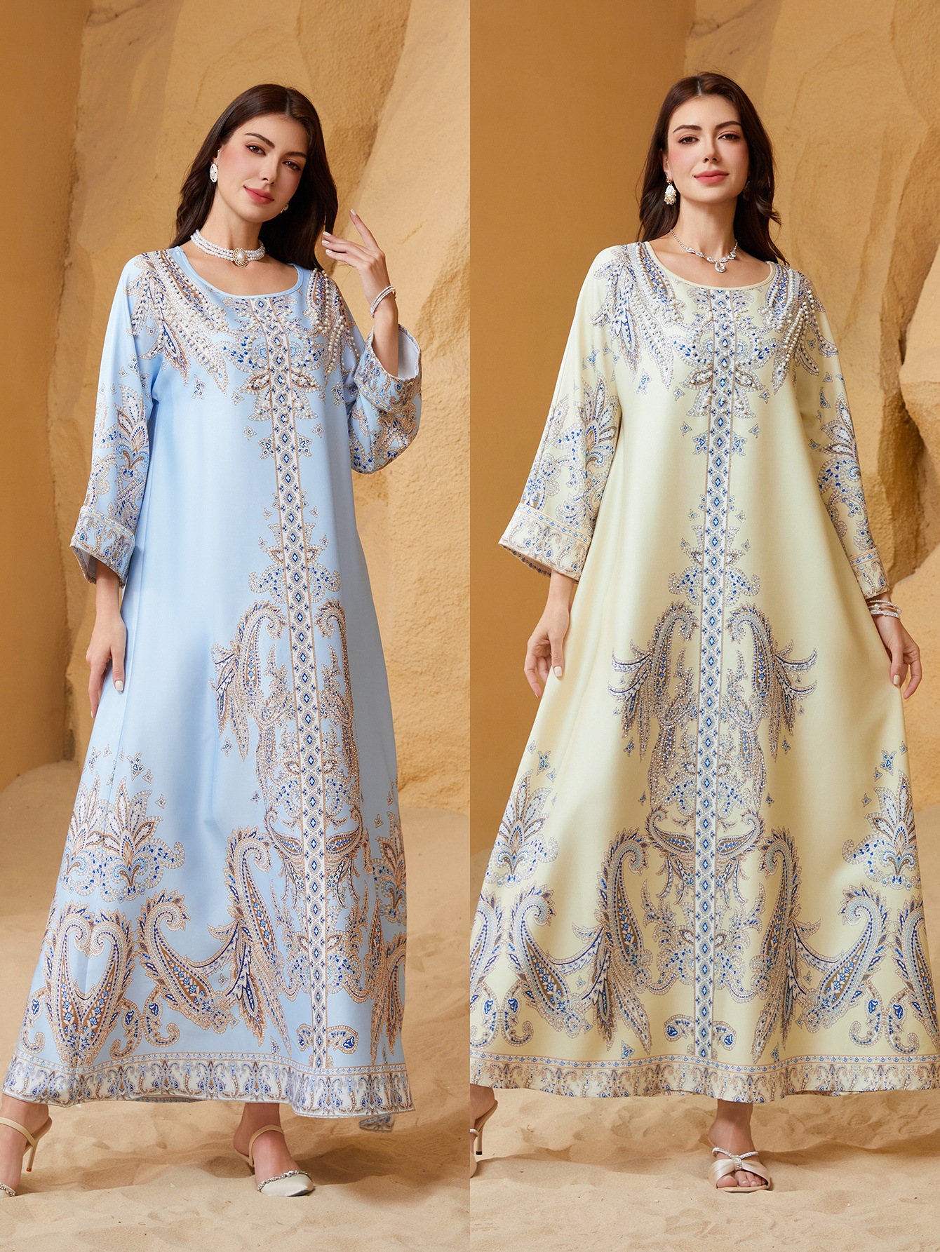Zd011Ins Women's Robe with Beaded Print, Round Neck Abaya Style with Rhinestones