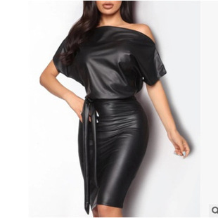 2024 AliExpress Amazon shrimp skin black oblique collar batwing short sleeve imitation leather Bodycon dress in stock