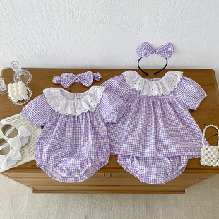 2024 Baby Clothes Summer New Girls' Llace Collar Triangle Climbing Baby Girls' Short-sleeved Plaid suit Sisters Clothes
