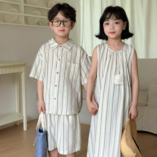 Children's Suit 2024 Summer Boys and Girls Korean Short-sleeved Shorts Two-piece Children's Vertical Striped Mori Style Vessel Dress