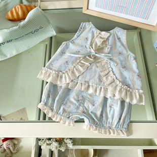 [Ready Stock] Girls Vest Suit 2025 Summer New Lace Lace Flower Printed Vest Shorts Suit