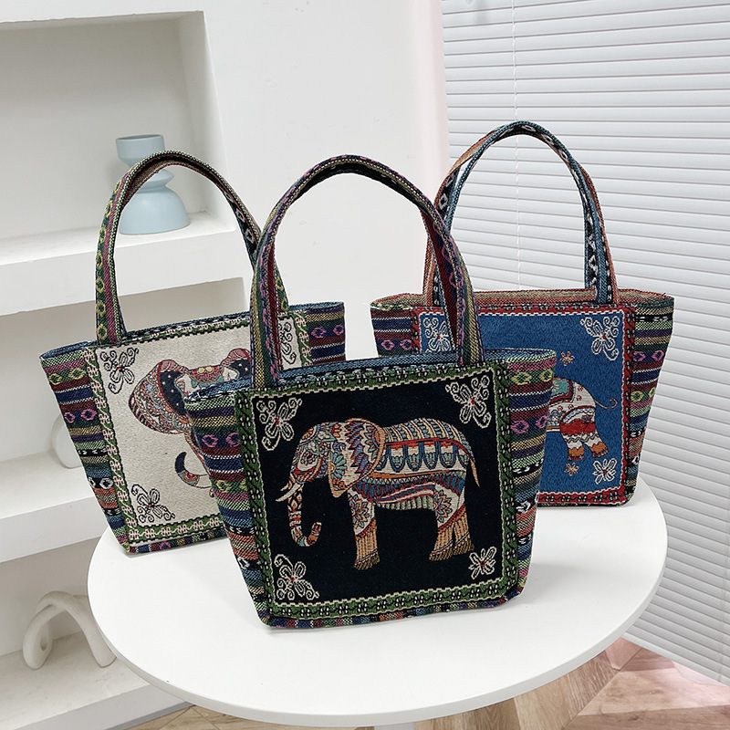 Wholesale Thai Ethnic Style Double-Sided Pattern Elephant Handbag Jacquard Embroidered Bag Work Lunch Bag Women's Hand Bag