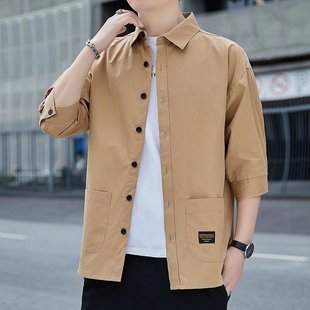 Men's Shirt Seven-point Sleeve Summer Loose Short-sleeved Shirt Hong Kong Style Japanese Style Shirt Summer Thin Casual Coat Trendy