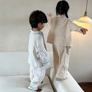Children's Pajamas Girls' 2023 New Spring and Autumn Cotton Gauze Baby Long Sleeve Suit Girls' Boys' Home Clothes