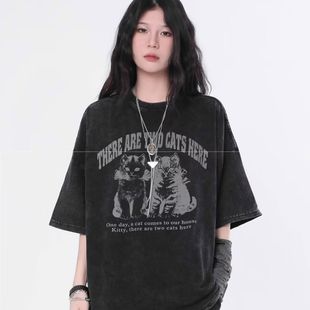 American Style Trendy Brand oversize Washed Old Short-sleeved T-shirt Men's and Women's Summer Retro High-end Cat Print Top