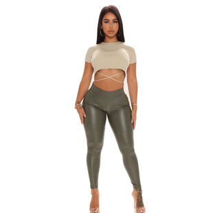 2021 European and American autumn women's clothing new slim elastic solid color skinny sexy temperament casual leather trousers