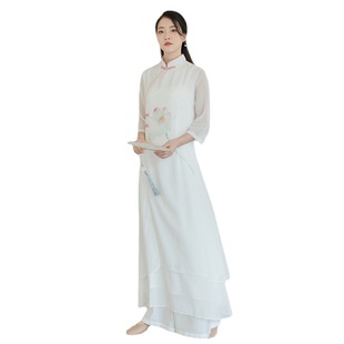 Improved Hanfu Women's Chinese Style Tang Suit Cheongsam Dress Spring and Summer White Fairy Zen Tea Long Dress