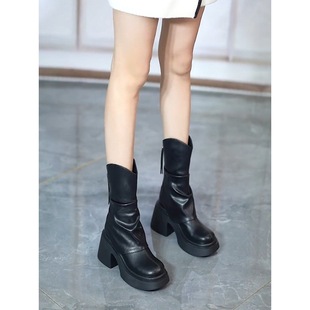 Women's thick-soled chunky heel short boots, Korean style elegant fleece-lined high heel round toe cream boots, autumn and winter 2023