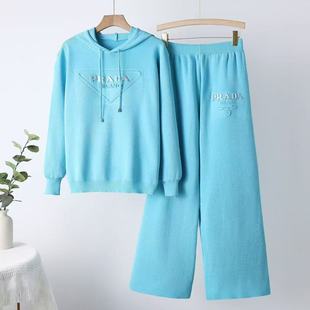Cross-border 2025 European and American Style Spring Knitted Letter Embossed Hooded Loose Top High Waist Wide Leg Pants suit Women