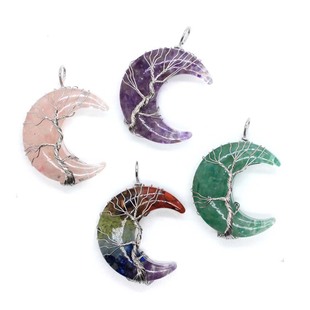 chakela Natural Crystal Gravel Resin Wound Line Life Tree Moon Pendant Crescent-Shaped Necklace