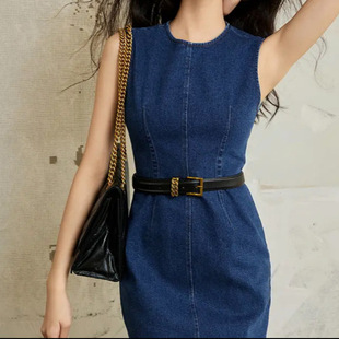 European Station round neck sleeveless slim-fit sheath Denim dress 2024 spring and summer new mid-length dress