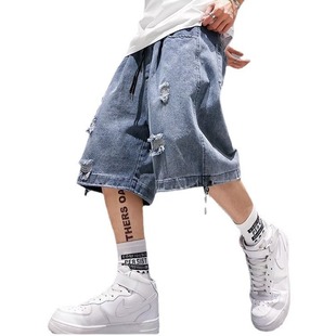 Summer Men's Tooling Five-point Pants Denim Shorts Men's Fashionable Loose Capri Pants plus size Ripped Five-point Pants