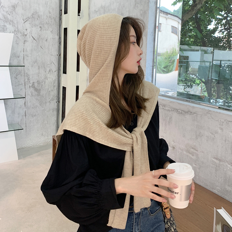 Korean Dongdaemun Knitted Shawl for Women, Autumn and Winter, with Wool, Solid Color, Hooded, Trendy, Warm Neck Scarf