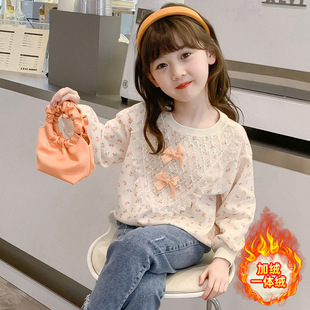 Girls' Spring Sweater 2024 New Children's Western Style Girl's Spring and Autumn Floral Bow Lace Long Sleeve Top