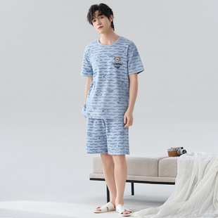 [7A Antibacterial] Pajamas Men's Summer Cotton Short Sleeve Shorts Men's Casual Striped Home Clothes plus size suit