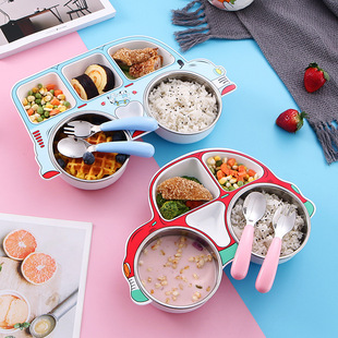 304 stainless steel plate children's plate suit kindergarten cartoon fast food plate baby complementary food grid plate car