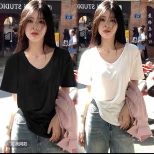 White V-neck Shoulder All-match Short-sleeved T-shirt Women's Summer 2024 New High-end Sense Base Shirt Inner Spice Girl Top