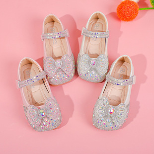 Children's Leather Shoes 2024 Spring and Autumn New Baby Crystal Shiny Rhinestone Shoes Girl's Fashionable Soft-soled Princess Shoes