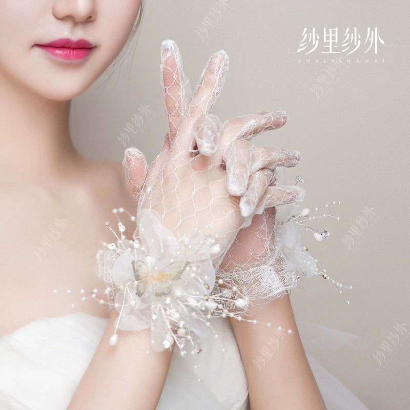 bridal gloves wedding lace beautiful flower white women's thin spring and summer photo props korean wedding gloves