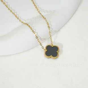 15MM Double-sided Gold Titanium Steel Four-leaf Clover Necklace Women's Simple High-end Color-free Clavicle Chain Batch Van Gogh Edition