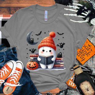 Halloween Boo Bat Book Printed T-Shirt Unisex Casual Top Harajuku Short-Sleeved Black Blue Green Gray No