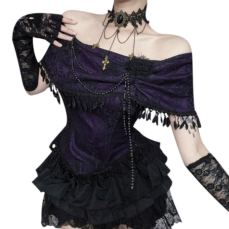 Xs25193 Subculture One-Shoulder Rose Top New Gothic Style Slim Fit Versatile Lace Top