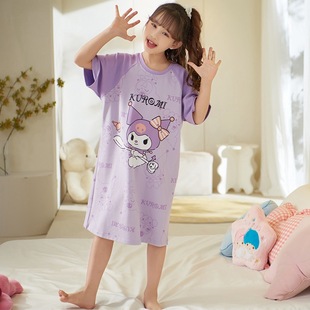 Girls' Nightgown Cotton Summer Short-sleeved Mid-large Children's Little Girls Cute Cartoon Children's Home Clothes Parent-child Nightgown