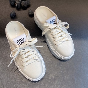 high version! Miu Home 2025 Summer New Thick-soled Biscuits Canvas Shoes Baotou Half-drag All-match Casual Platform Shoes