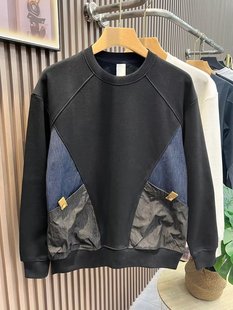 Весенняя и осенняя модель прилива для сшивания кармана chic гонконгский стиль мужской свитер с длинными рукавами и круглым вырезом нижняя рубашка корейская версия красивый топ