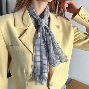 Korean Style Niche Design Plaid Silk Scarf High-end Lace All-match Ribbon Atmosphere Spring and Summer Thin Accessories Ins