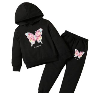 Foreign trade autumn and winter fashion girls autumn new suit children's spring and autumn pink printed hoodie two-piece suit