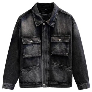 Vintage distressed Denim coat men's 2024 early spring new American style frock fashion pocket jacket top