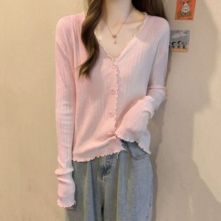 YXBB autumn and summer new all-match long-sleeved top women's wooden ear V-neck knitted cardigan coat plus size bottoming shirt