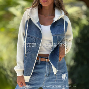 2025 Spring New Amazon Independent Station European and American Cross-border Women's Denim Splicing Hooded Jacket Raglan Sleeve Jacket